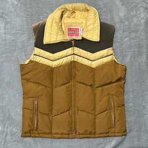 Ms Pioneer Down Vest Puffer Quilted Brown Tan Corduroy Collar Zip Up